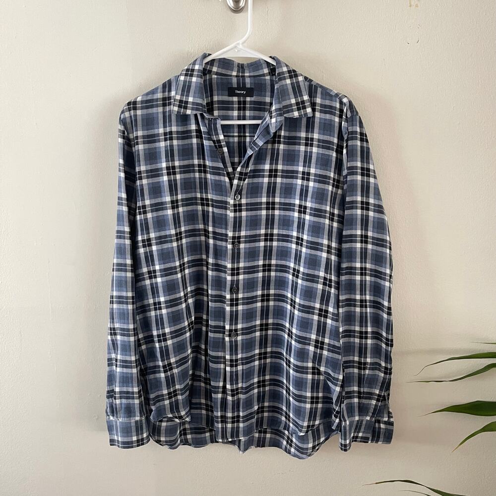 Theory The Clean Shirt Mens Medium Blue Cotton Plaid Dobby Classic Gorpcore
